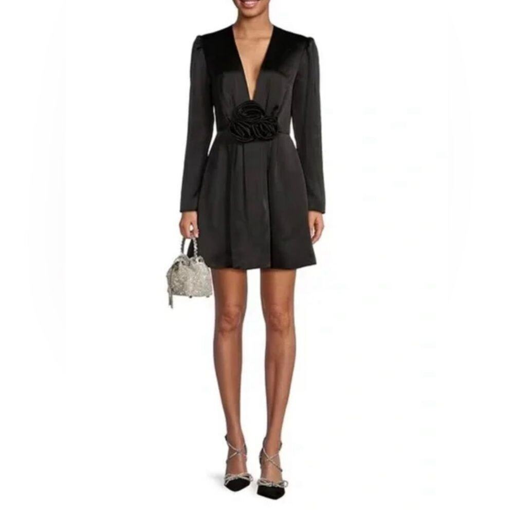 Gianni Bini Bastian Satin V-Neck Rosette Long Sleeve A-Line Black Dress Size 2